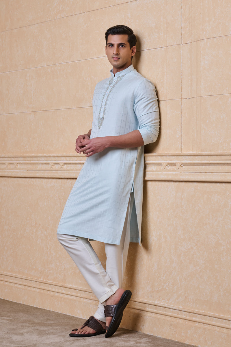 Light Blue Jacquard Kurta Set with Mirror Detailing on Placket