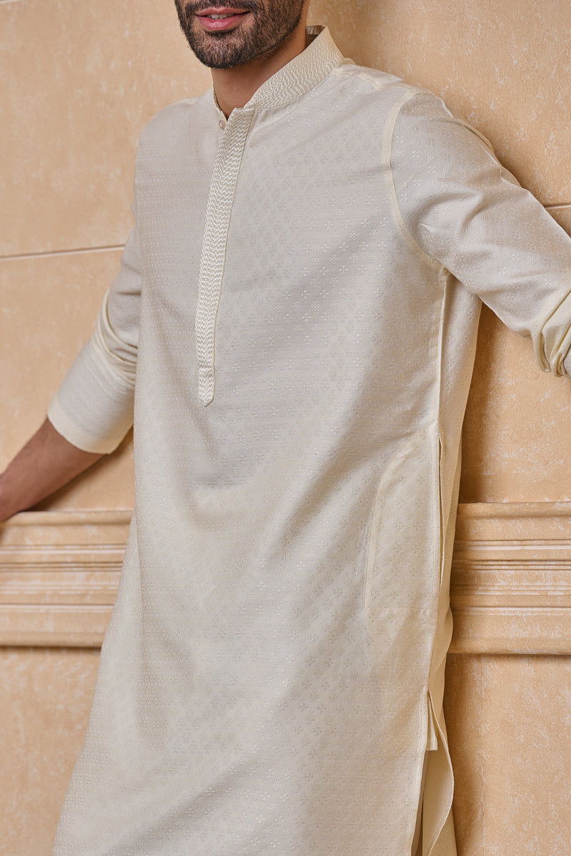 Beige Jacquard Kurta Set