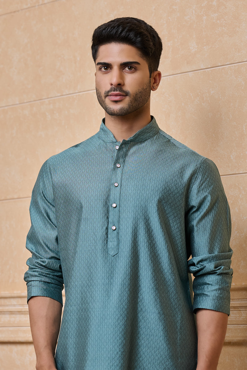 Aqua Jacquard Kurta Set In Geometrical Pattern