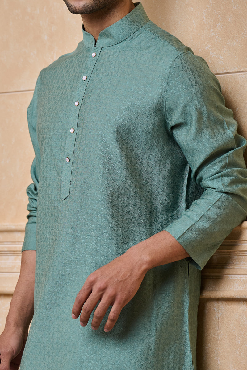 Aqua Jacquard Kurta Set In Jaali Pattern