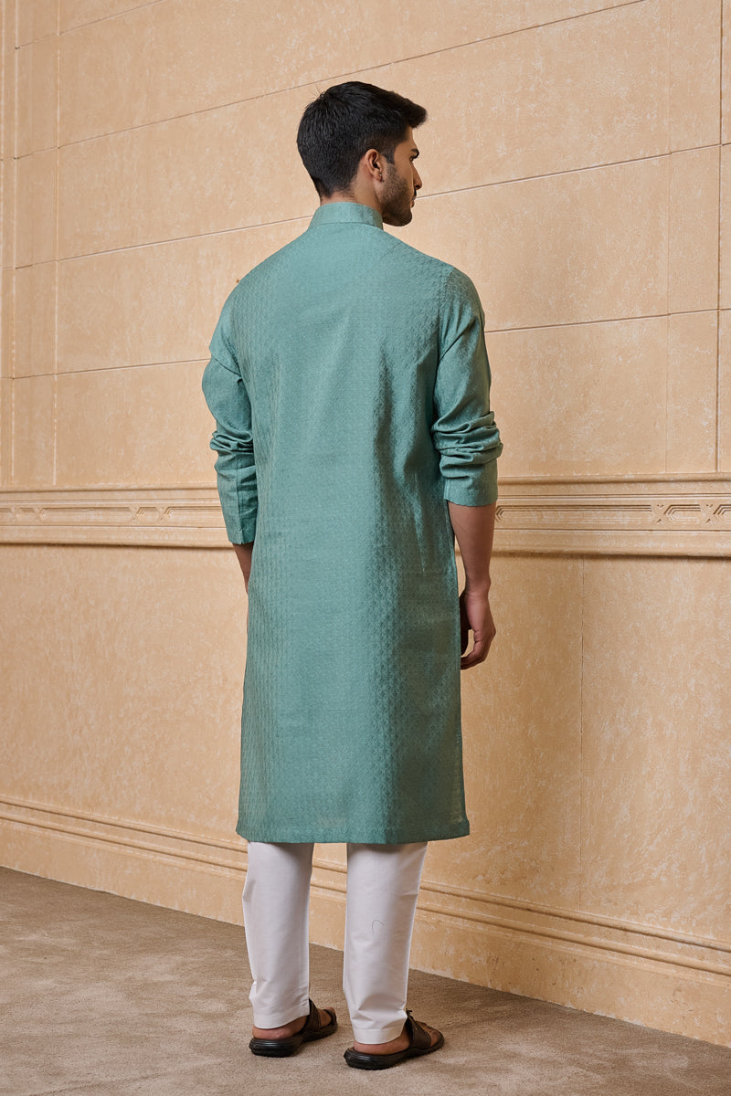 Aqua Jacquard Kurta Set In Jaali Pattern