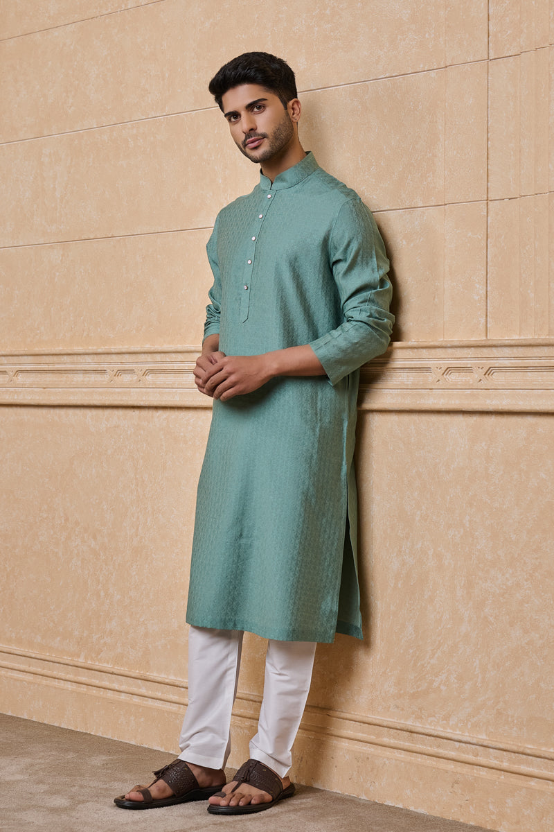 Aqua Jacquard Kurta Set In Jaali Pattern