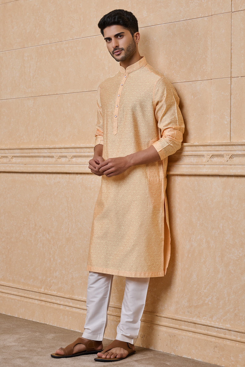 Peach Floral Jacquard Kurta Set