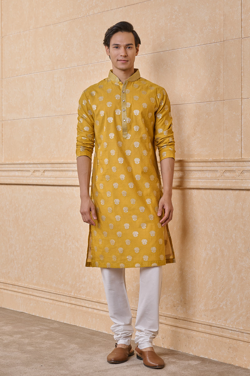 Yellow Jacquard Textured Kurta Set