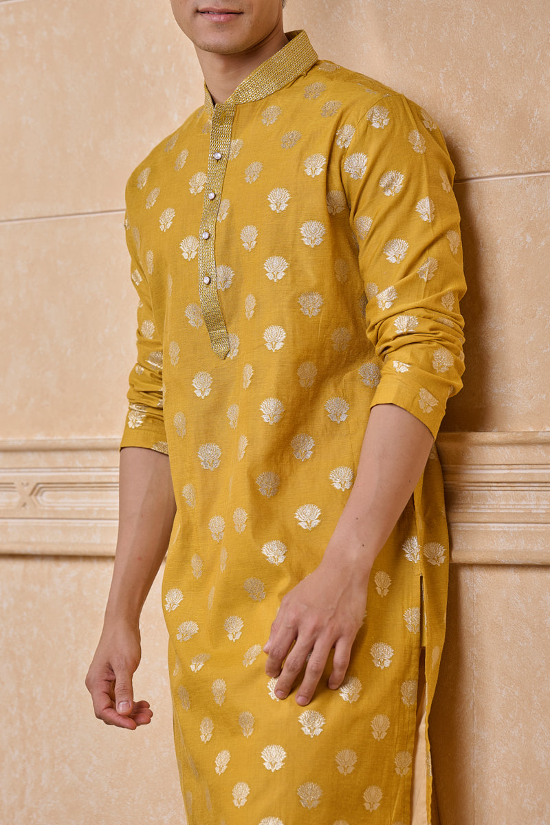 Yellow Jacquard Textured Kurta Set