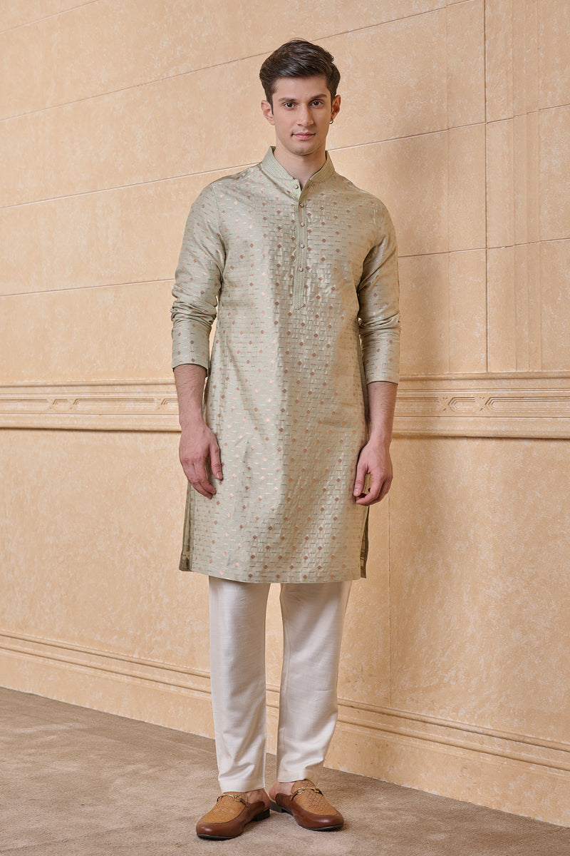 Light Green Pure Silk Jacquard Kurta Set