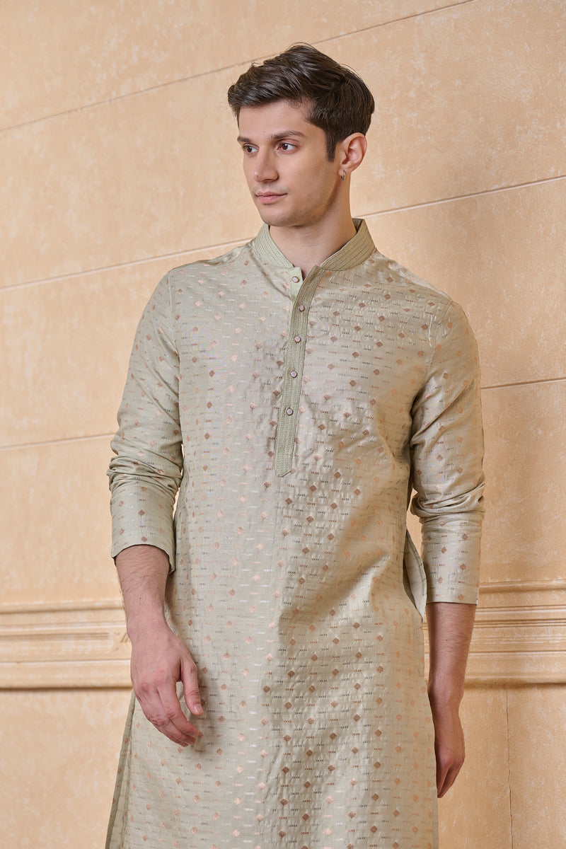 Light Green Pure Silk Jacquard Kurta Set