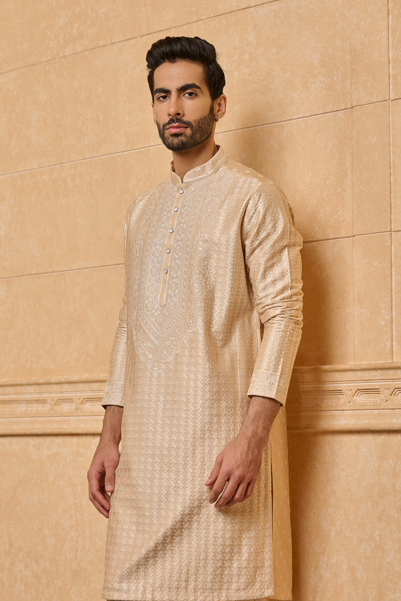 Beige All Over Embroidered Kurta Set