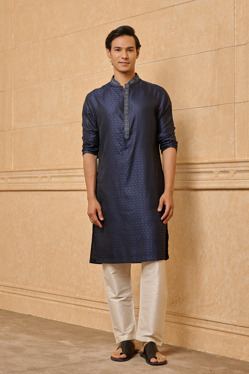 Navy Classic Jacquard Kurta Set With Embroidered Detailing On Collar