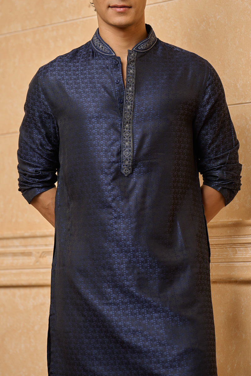 Navy Classic Jacquard Kurta Set With Embroidered Detailing On Collar
