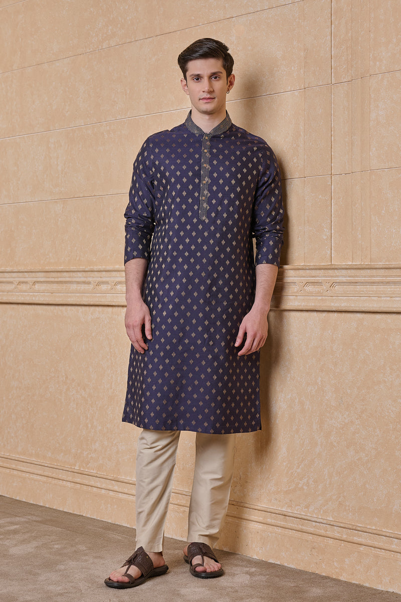 Navy Classic Kurta With Collar Embroidered Detailing
