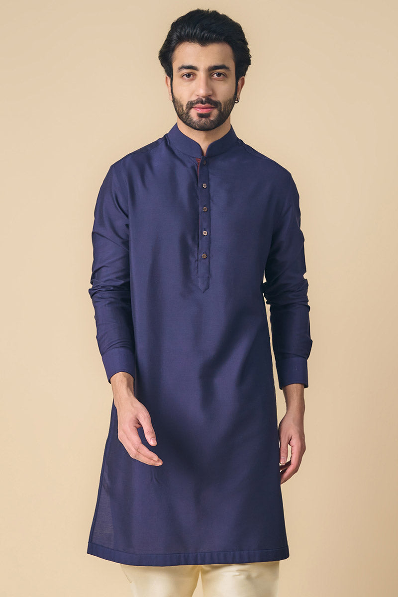 Navy Kurta With Contrast Edge Detailing