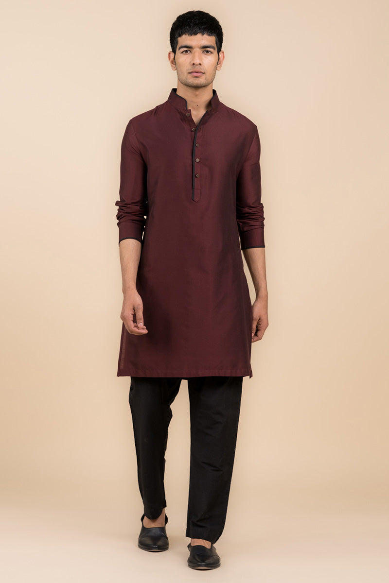 Wine Kurta With Contract Edging on Band Collar
