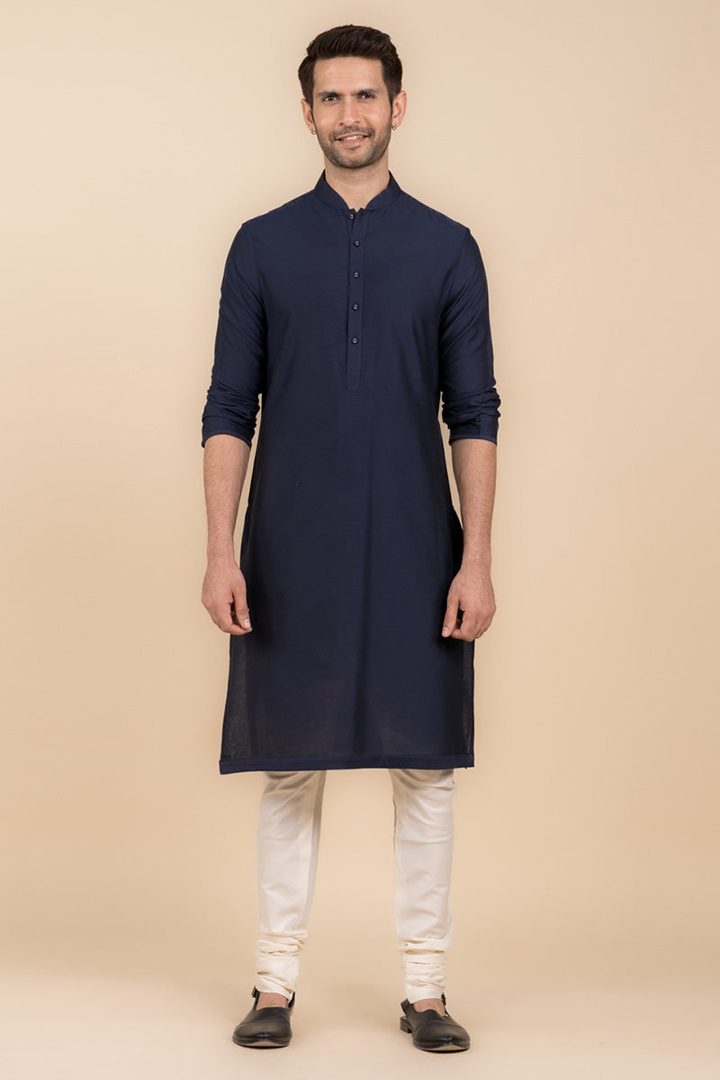 Navy Single Kurta With Zero Point Collar