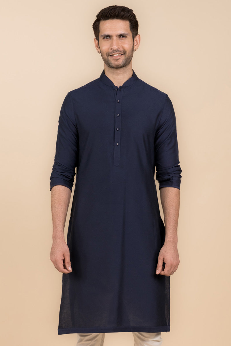 Navy Single Kurta With Zero Point Collar