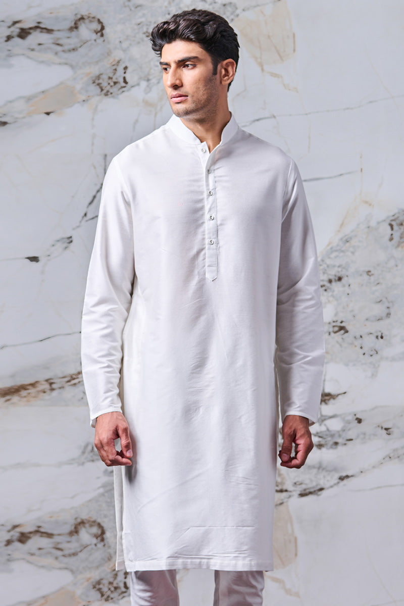 White Single Kurta With Zero Point Collar