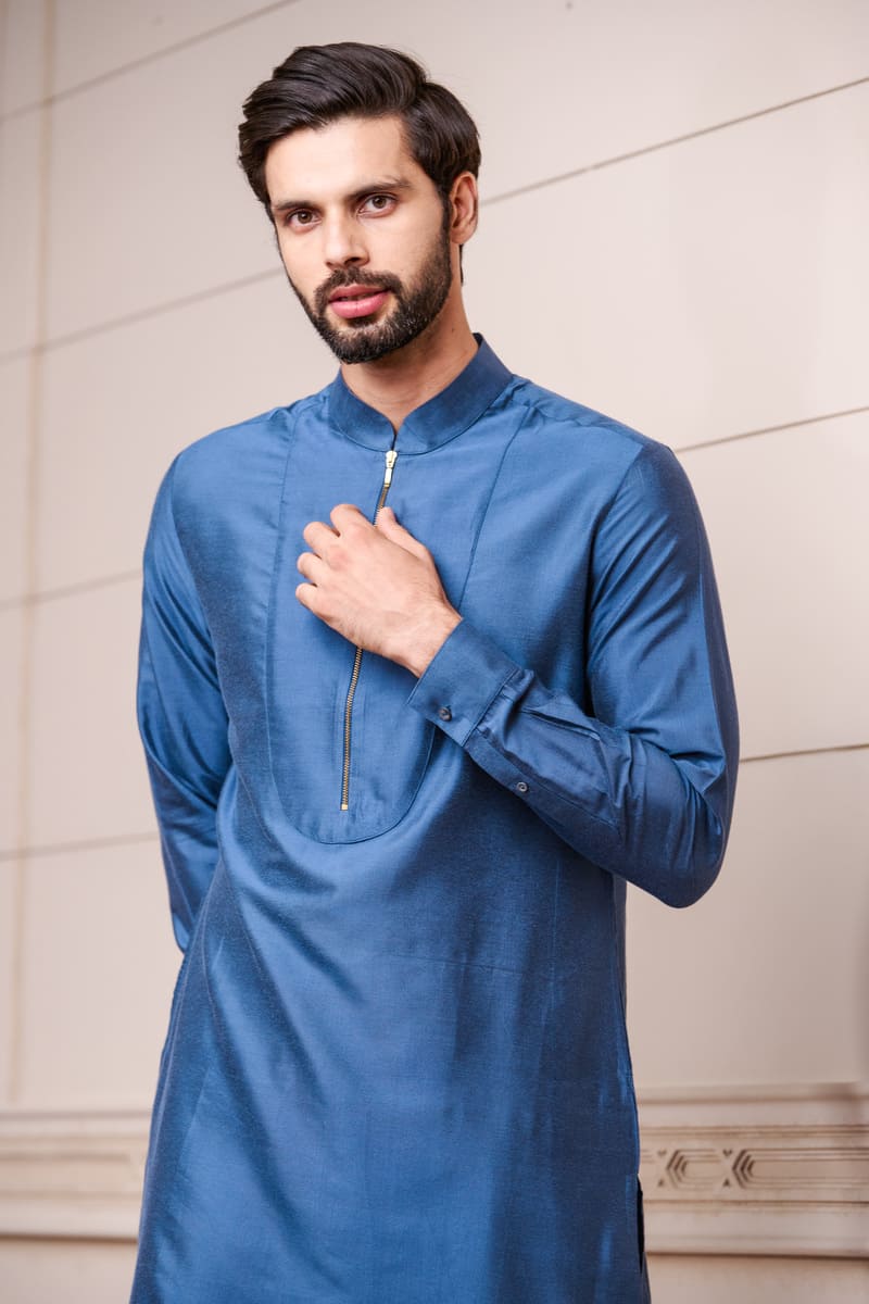 Medium Blue Kurta With Zipper Placket