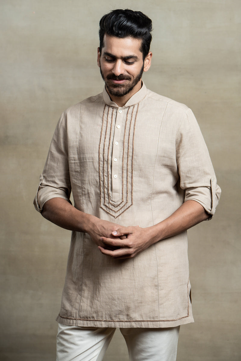 Beige Kurta With Velvet Tape Detailing