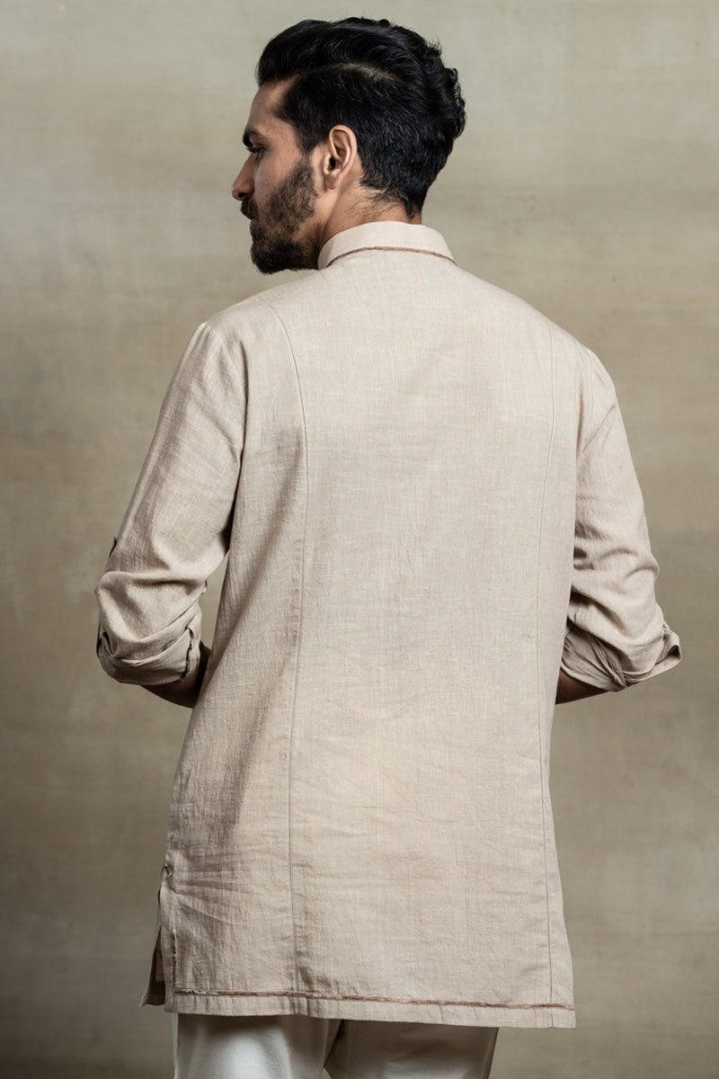 Beige Kurta With Velvet Tape Detailing