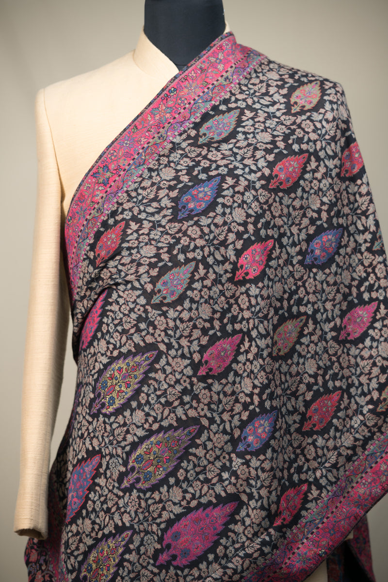 Black Stole With Floral Pattern Magenta Border
