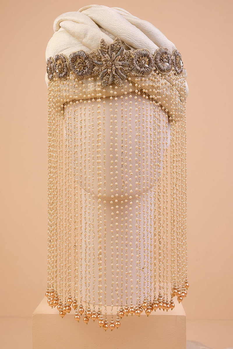 Gold Embroidered Sehra With Glass Drop Beads