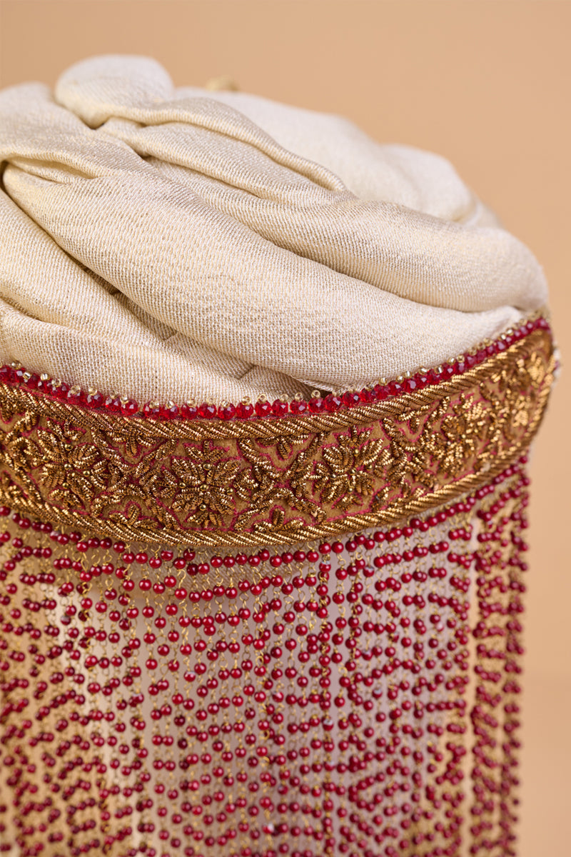 Red Embroidered Sehra With Glass Drop Beads