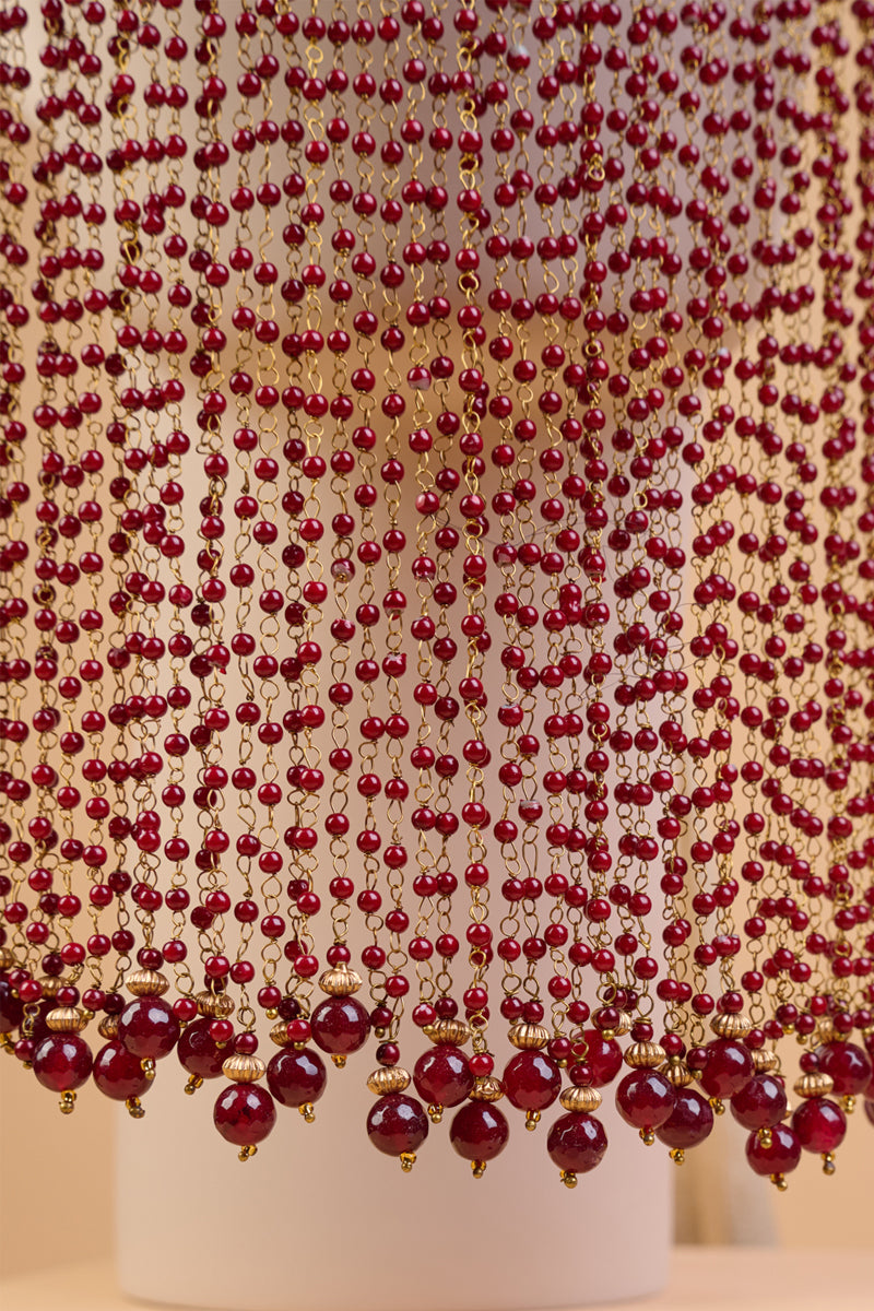 Red Embroidered Sehra With Glass Drop Beads