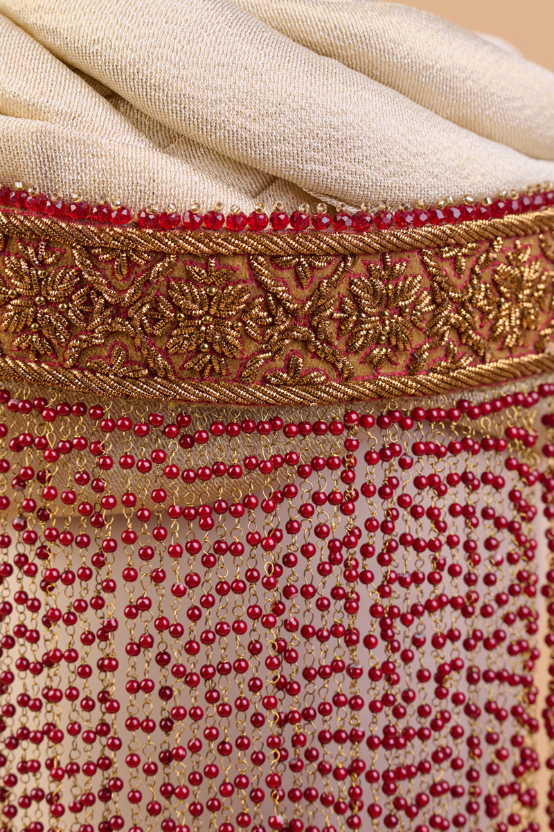 Red Embroidered Sehra With Glass Drop Beads