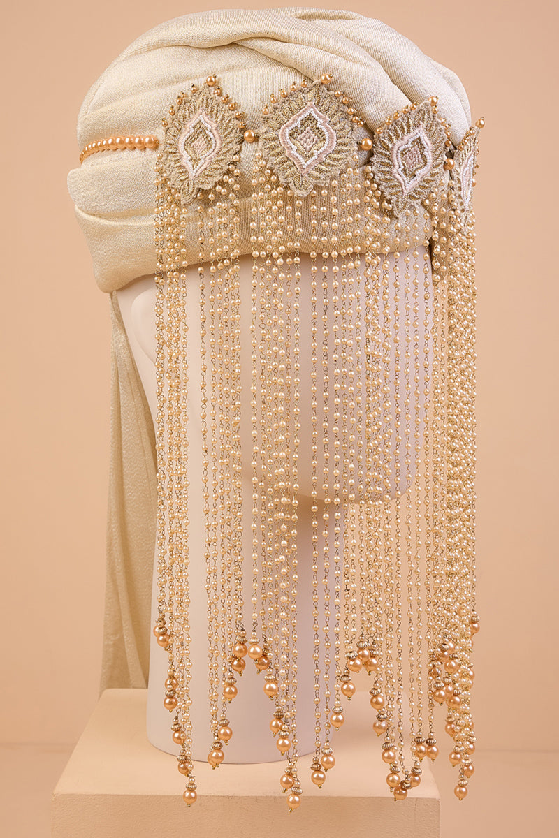 Gold Embroidered Sehra With Golden Drop Beads