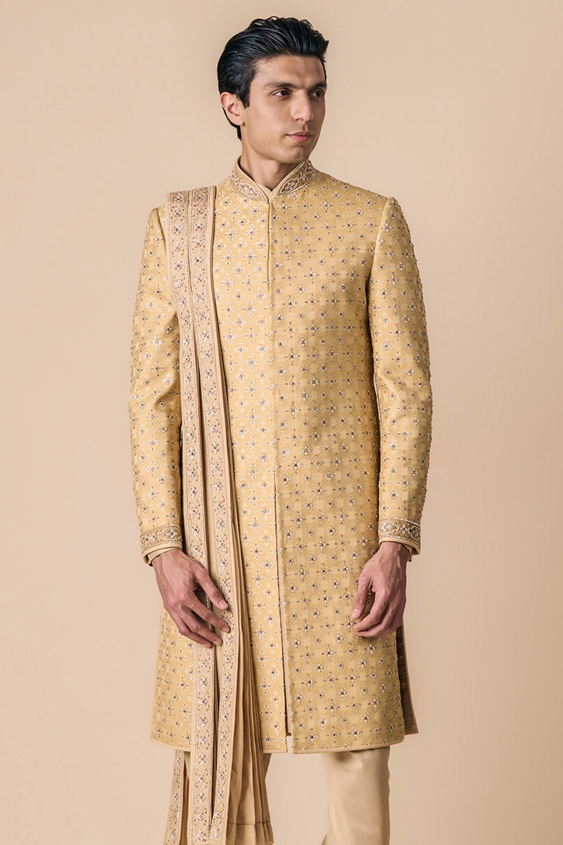 Gold All Over Resham Embroidered Pleated Stole