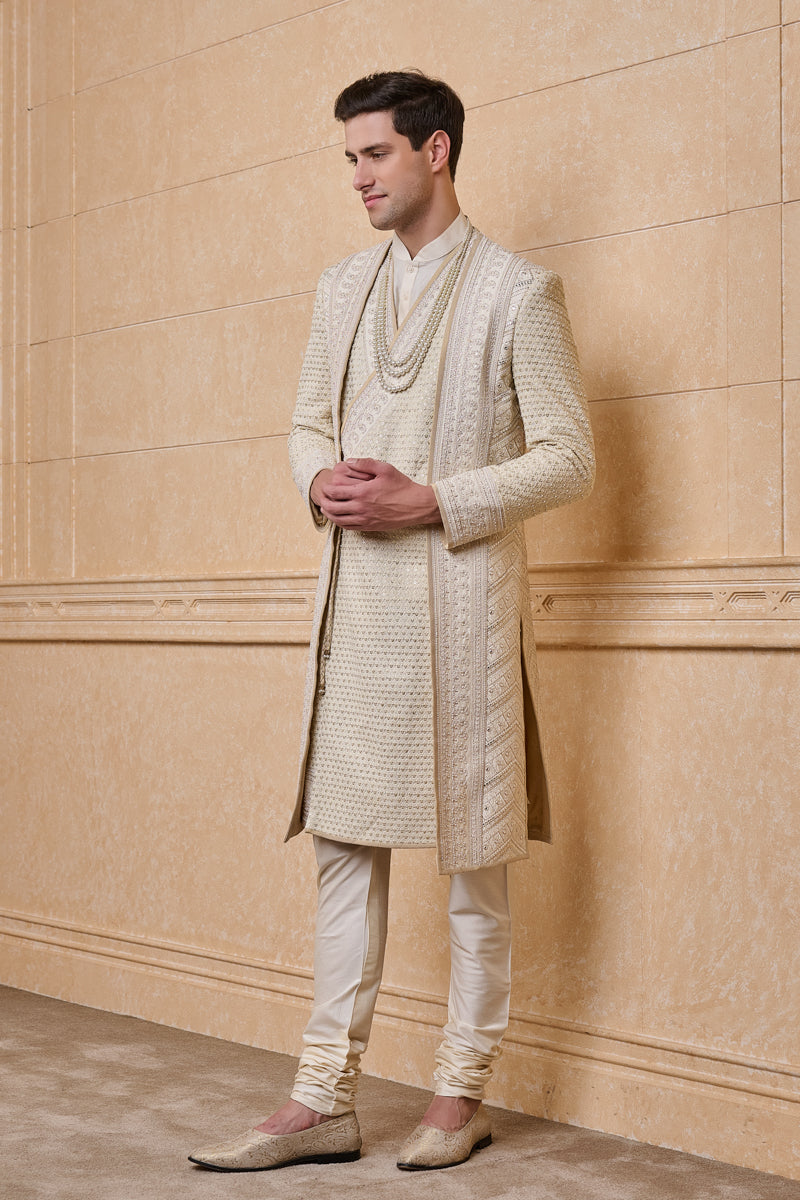 Ivory Angrakha Style Layered Sherwani