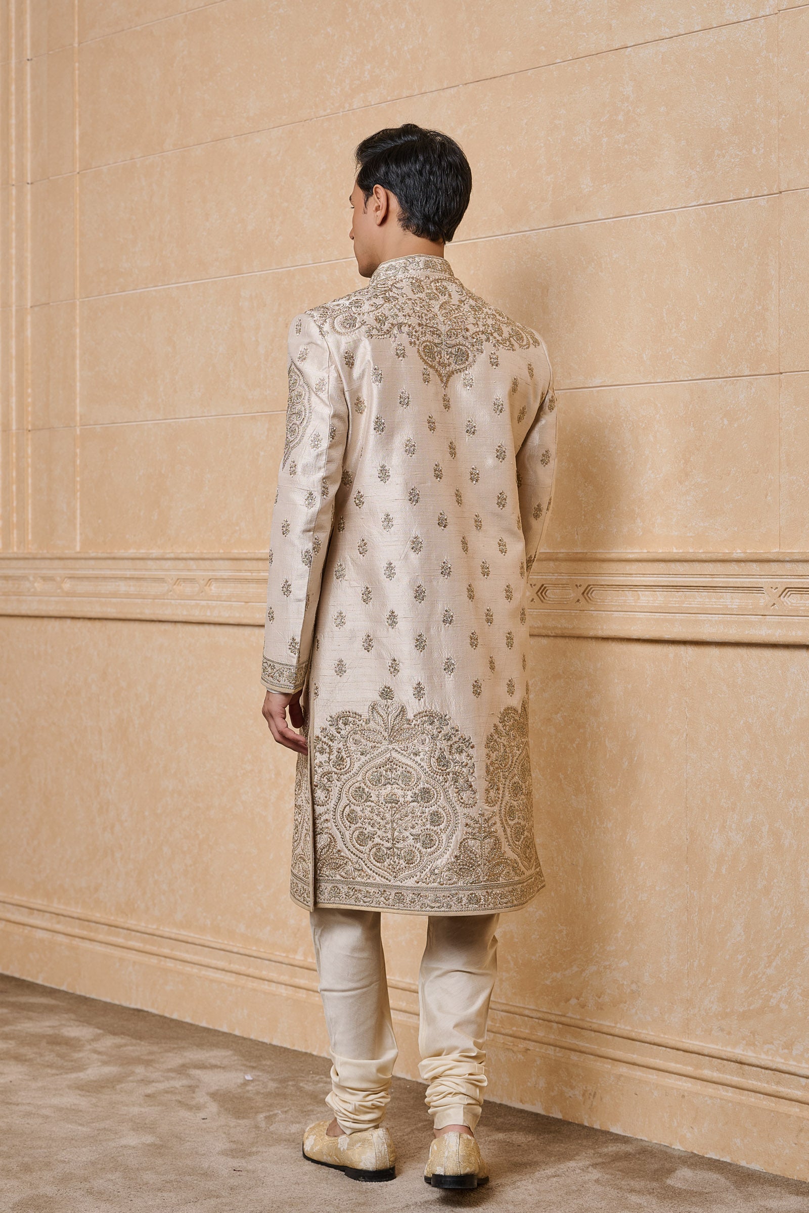 Ivory Raw Silk Sherwani With Placement Embroidery