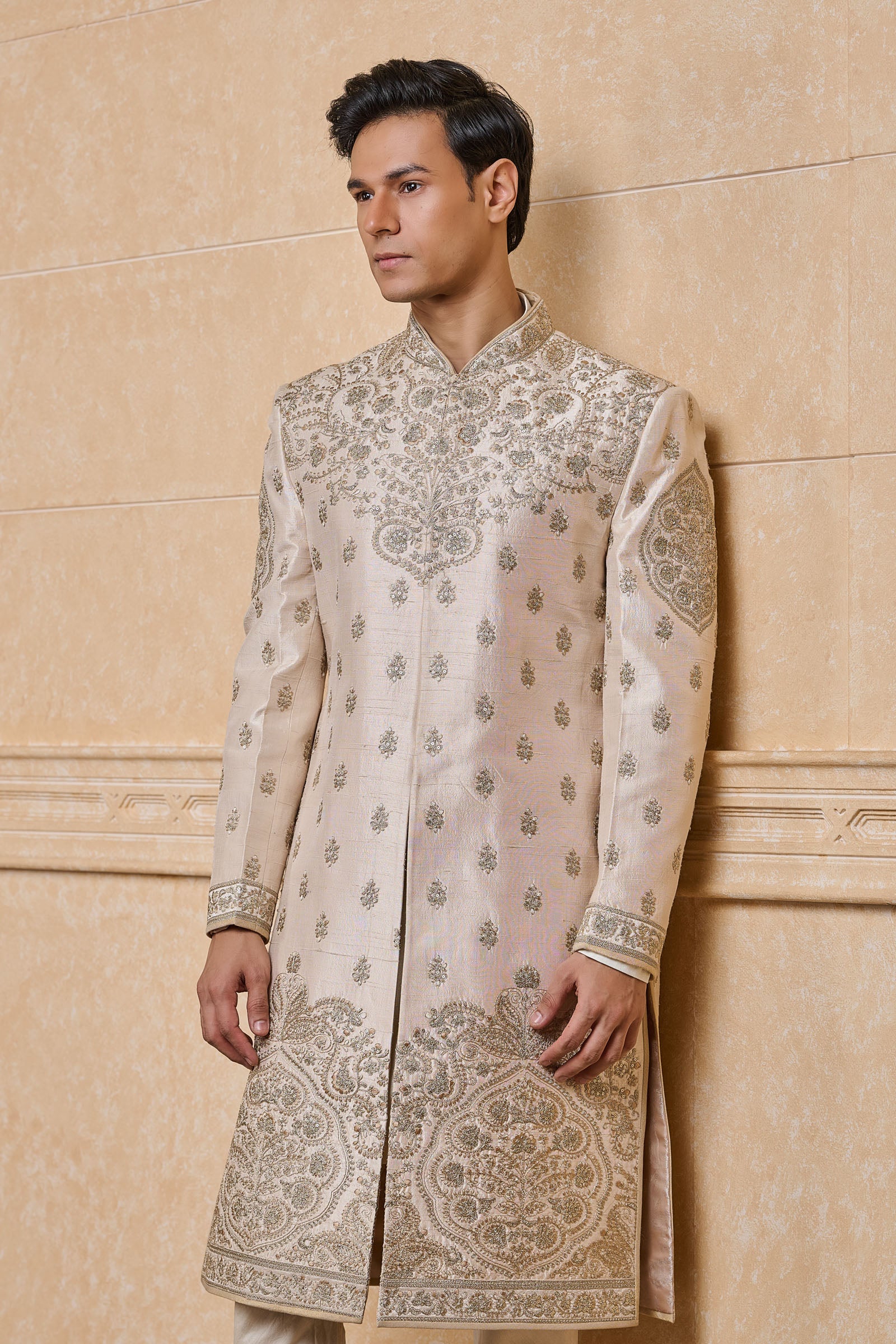 Ivory Raw Silk Sherwani With Placement Embroidery