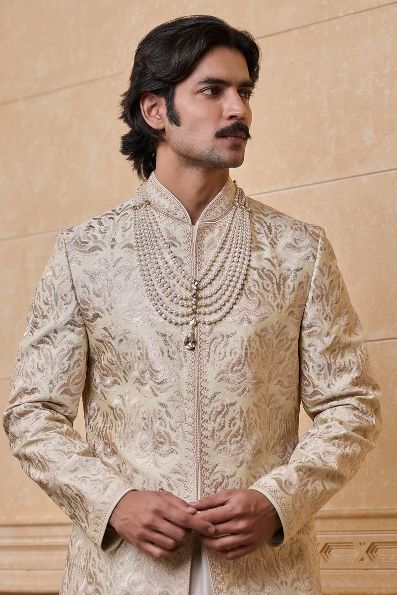Cream Embroidered Sherwani With Java Detailing