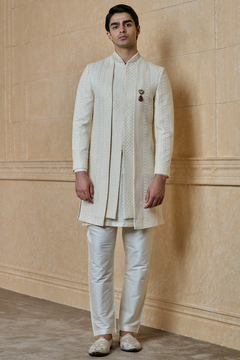 Ivory Faux Layered Embroidered Sherwani