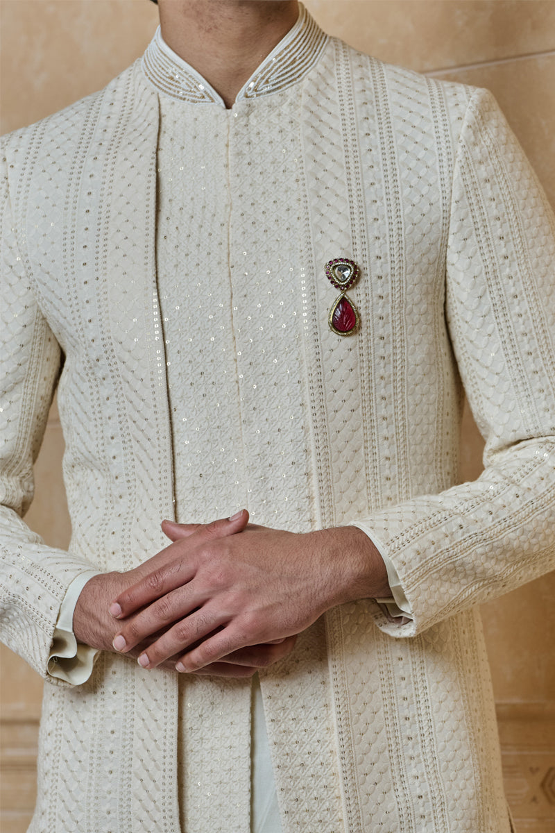 Ivory Faux Layered Embroidered Sherwani