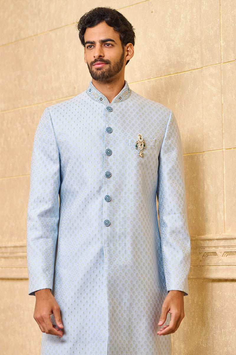 Light Blue Jacquard Sherwani With Embroidered Collar