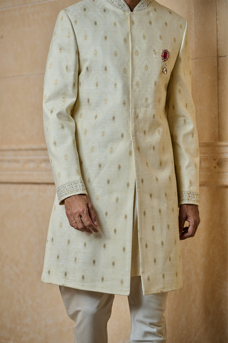 Ivory Classic Sherwani With Embroidered Collar