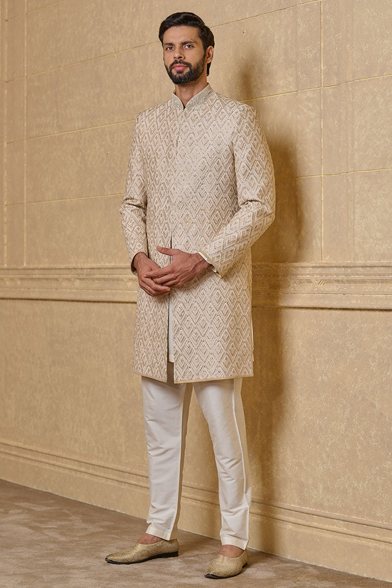 Ivory Sherwani With All Over Pitta Embroidery