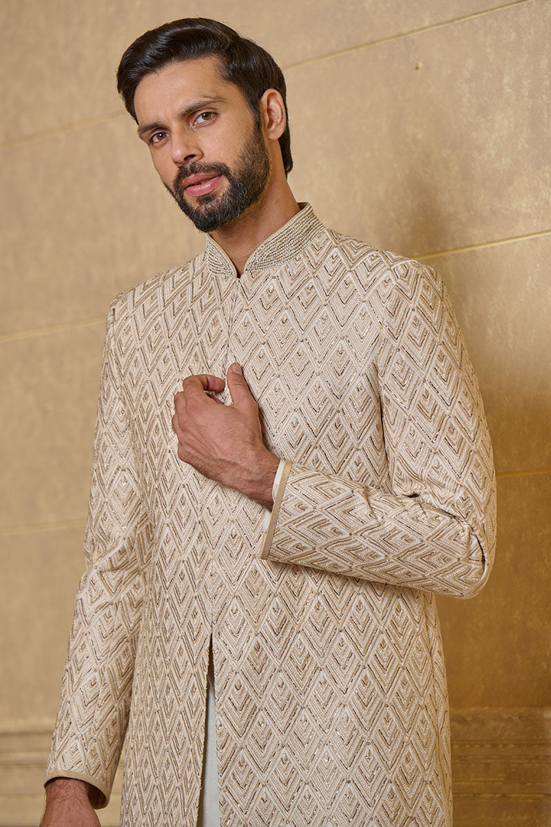 Ivory Sherwani With All Over Pitta Embroidery
