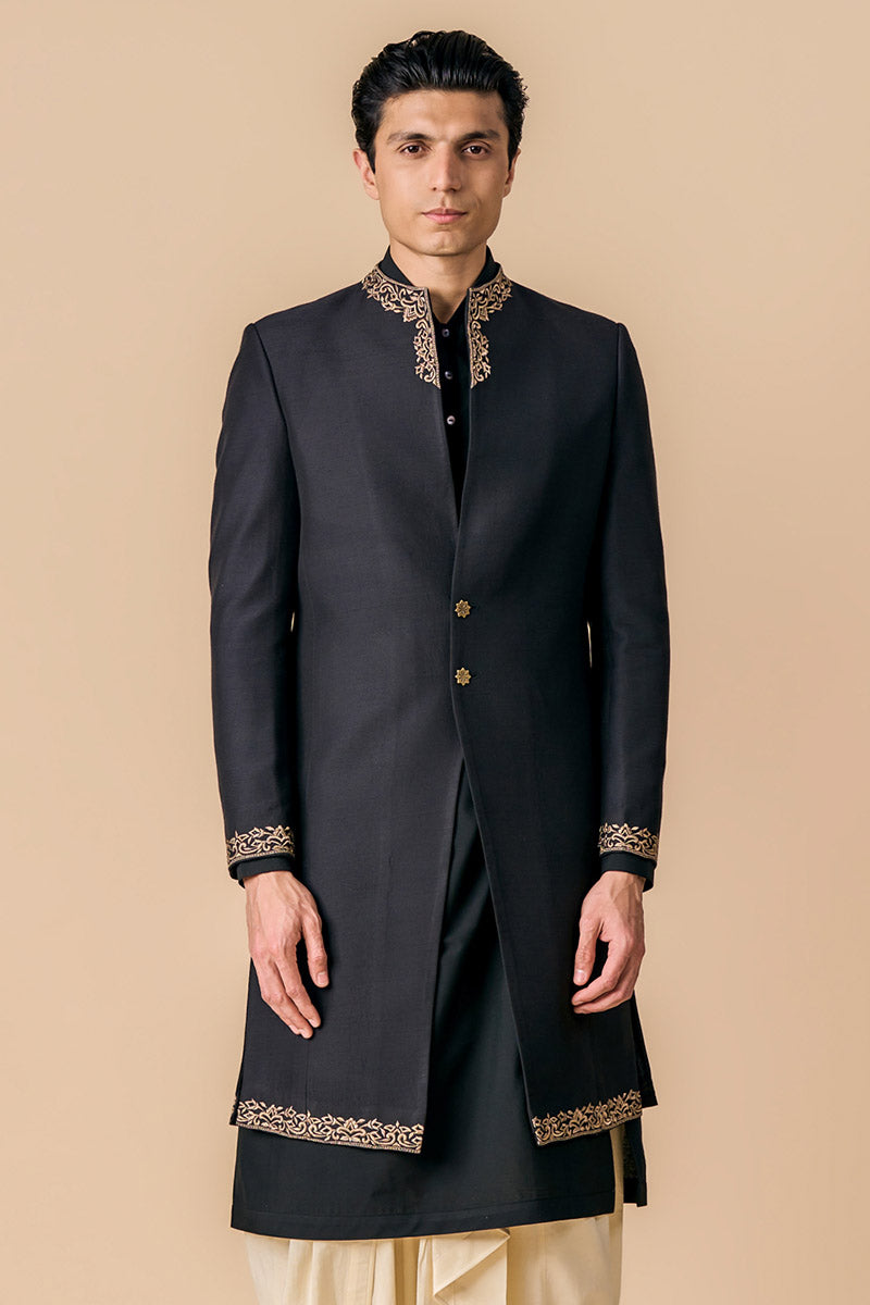 Black Modern Sherwani With Grown Neck Detailing