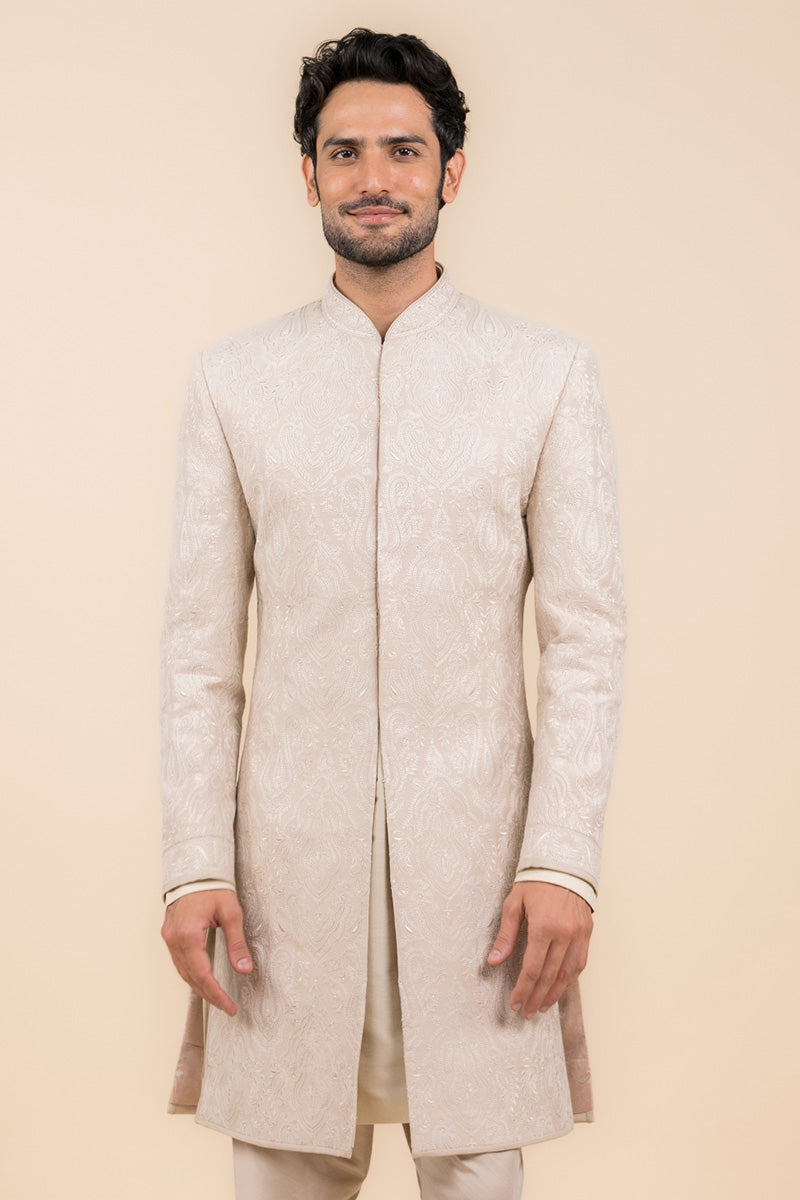 Beige Sherwani With All Over Pearls Detailing