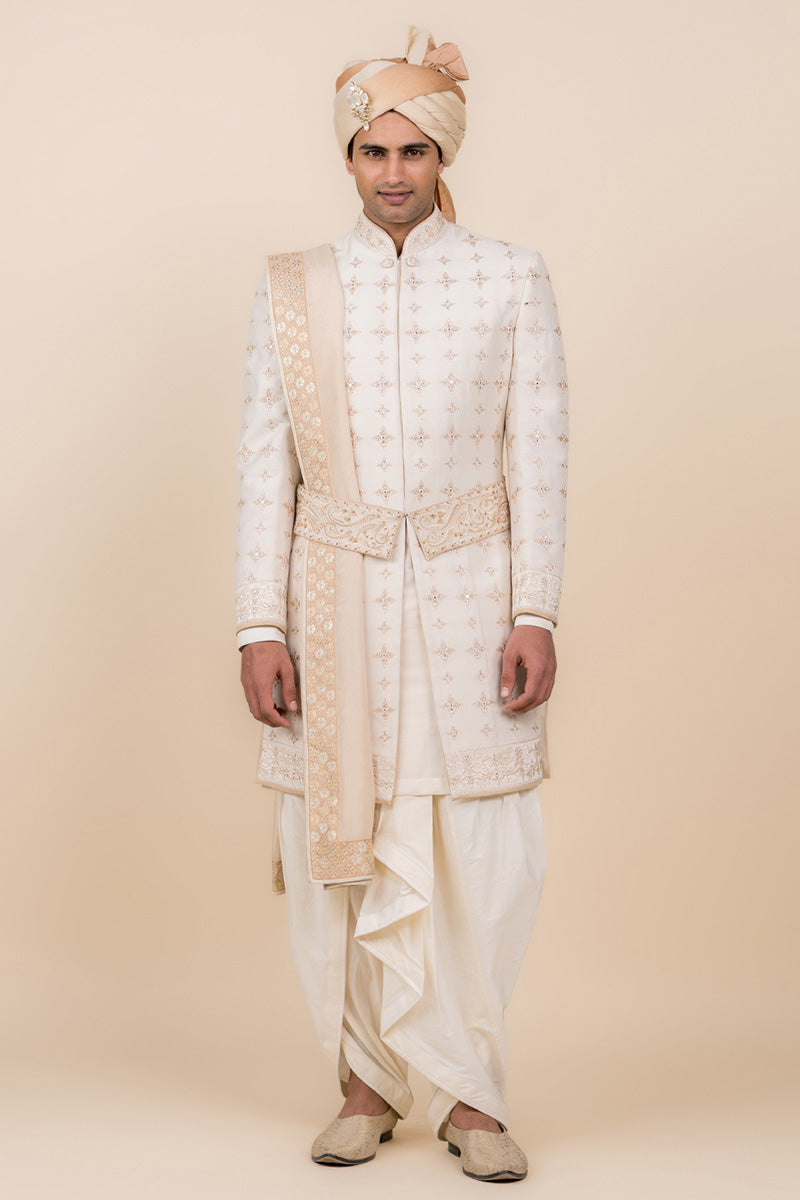 Ivory Sherwani Highlighted With Zardozi Work