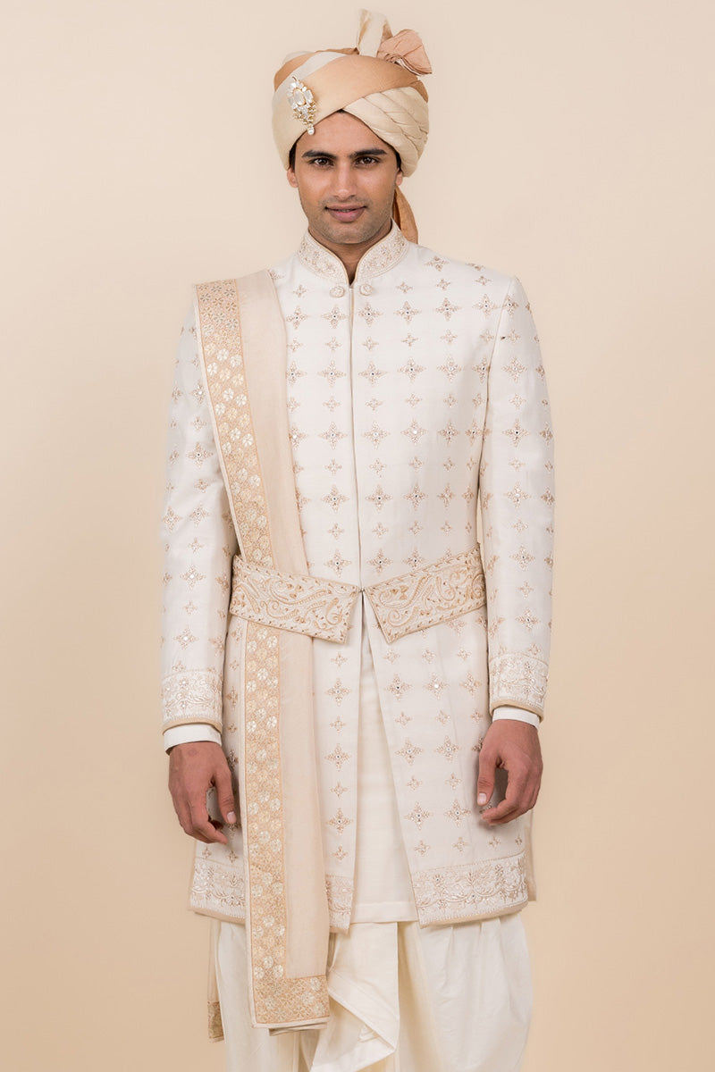 Ivory Sherwani Highlighted With Zardozi Work