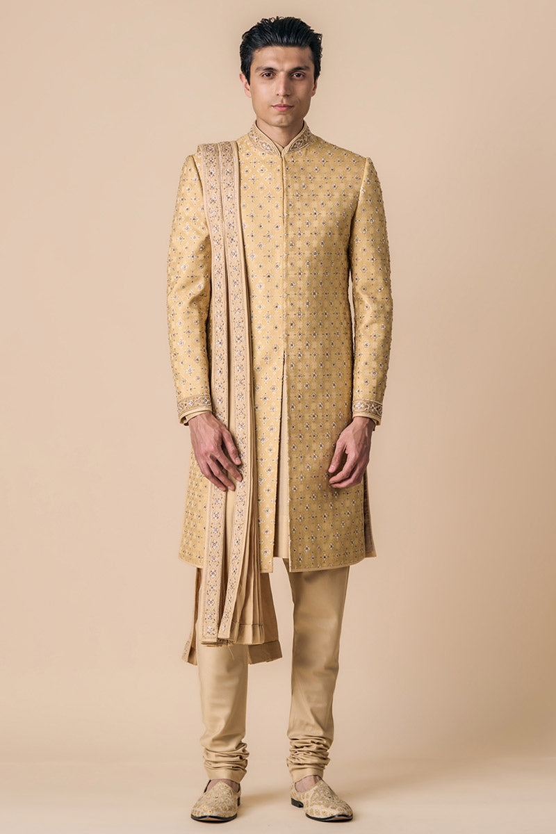 Gold Brocade Sherwani With Kundan Details