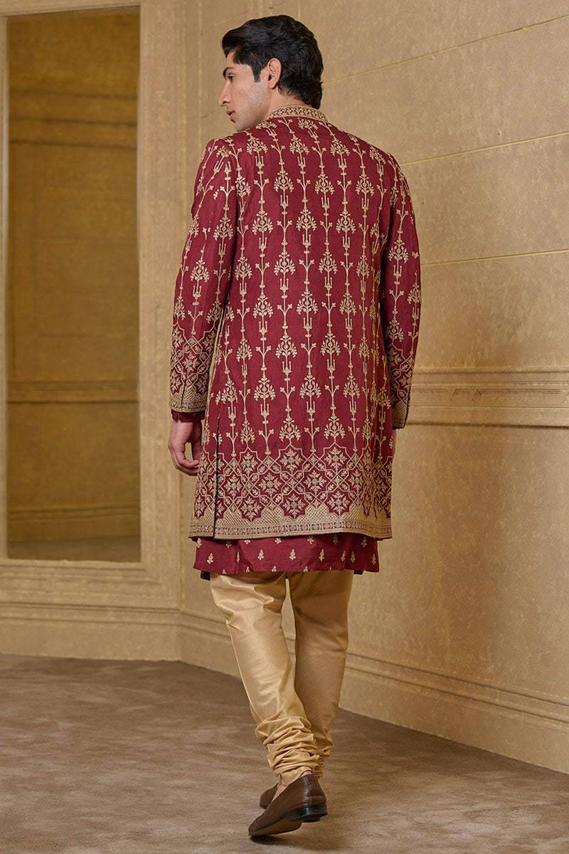 Rust Open Front Embroidered Sherwani