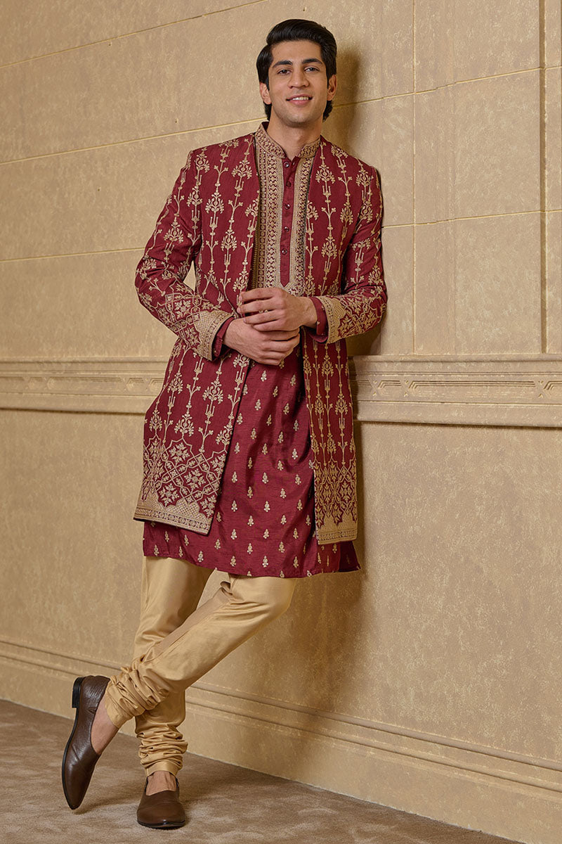 Rust Open Front Embroidered Sherwani