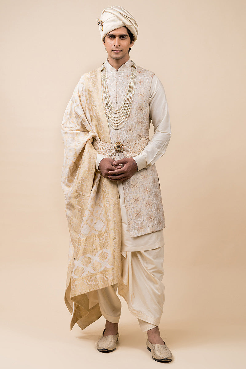 Ivory Jacquard Sleeveless Sherwani