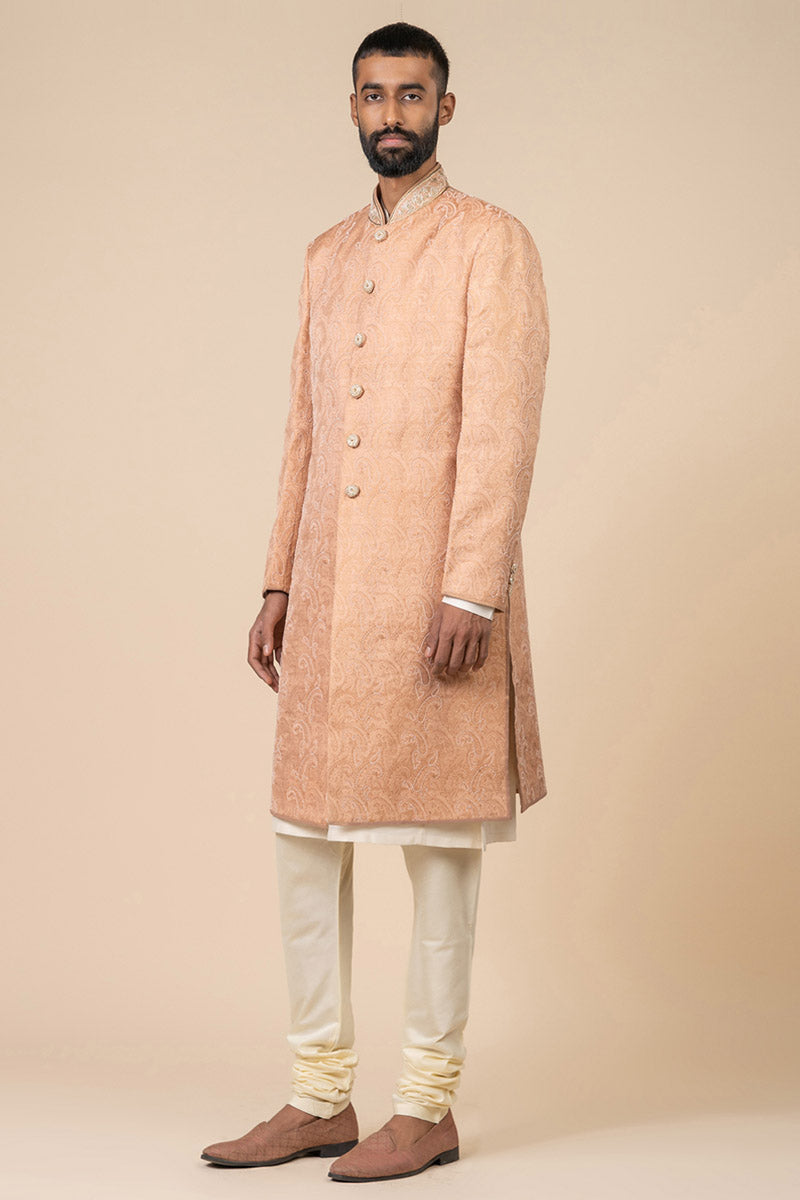 Peach All Over Embroidered Brocade Sherwani
