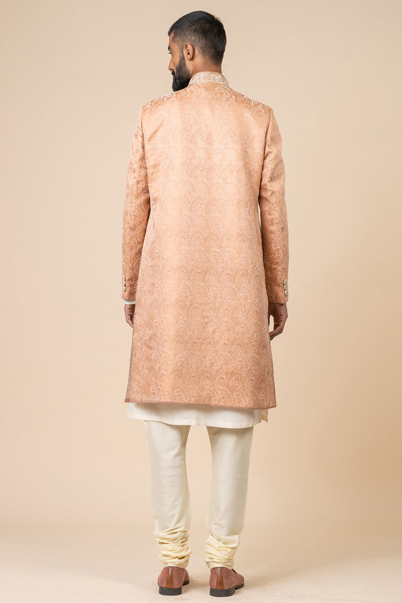 Peach All Over Embroidered Brocade Sherwani